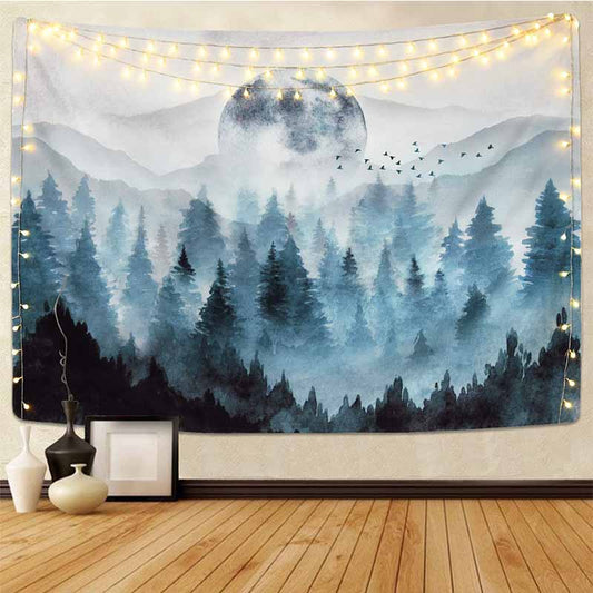 Fogis - Tranquil Foggy Mountain Full Moon Forest Tapestry
