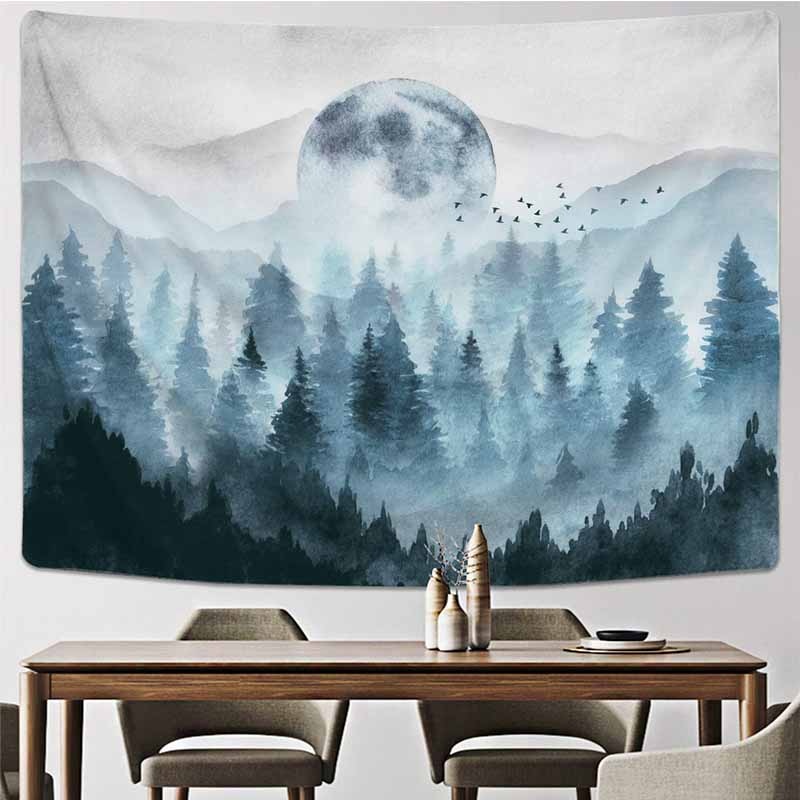 Fogis - Tranquil Foggy Mountain Full Moon Forest Tapestry