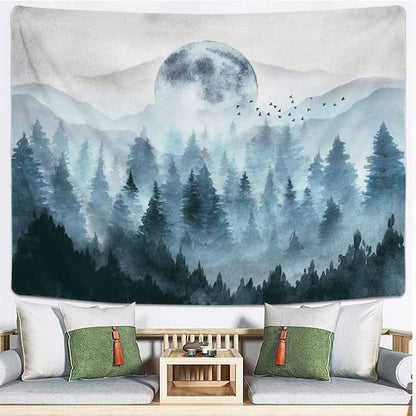 Fogis - Tranquil Foggy Mountain Full Moon Forest Tapestry