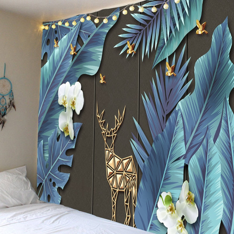 Deerya - 3D Luxe Deer & Blue Feather White Hibiscus Tapestry