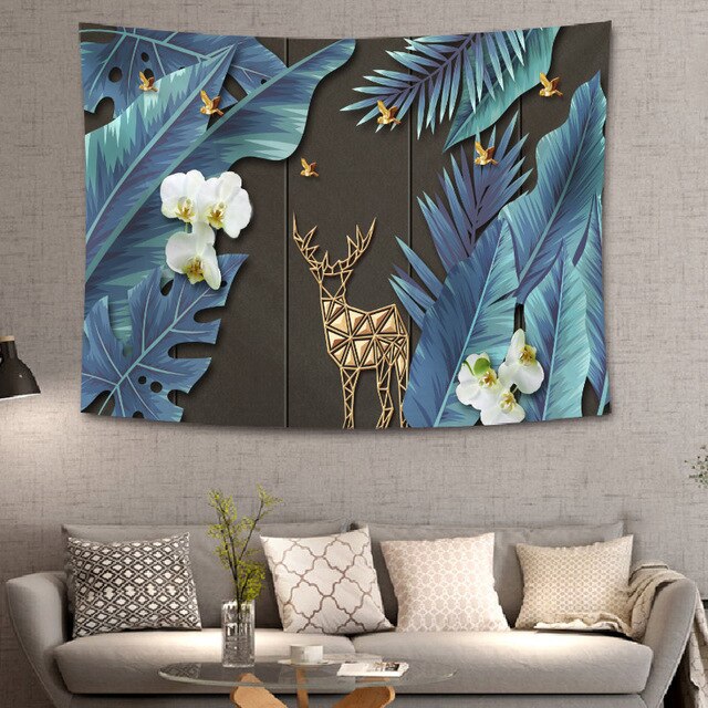 Deerya - 3D Luxe Deer & Blue Feather White Hibiscus Tapestry