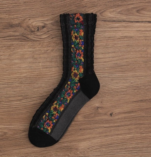 Saloca -5Pairs/Pack Vintage Flower Cotton Socks