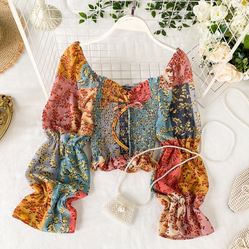 Ravido - Patchwork Long Sleeve Floral Boho Style Blouse