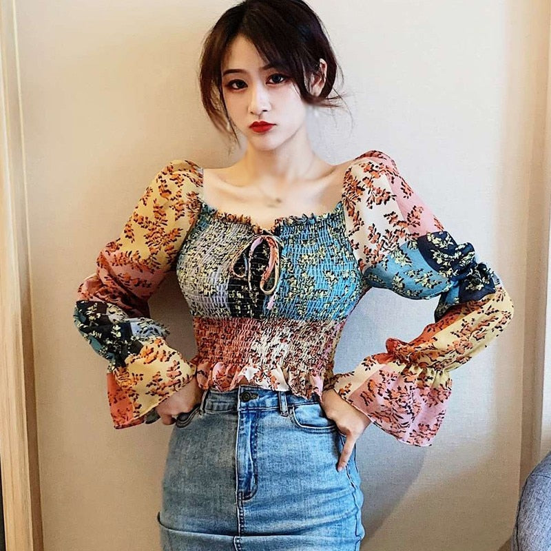 Ravido - Patchwork Long Sleeve Floral Boho Style Blouse