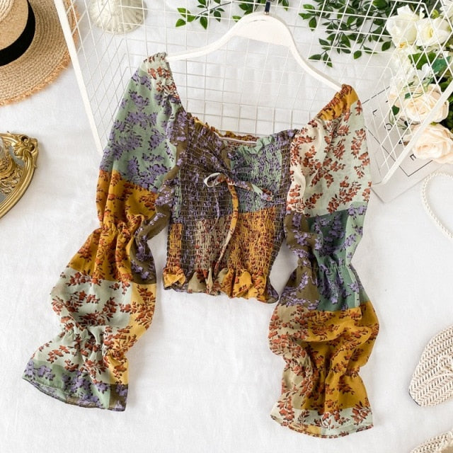 Ravido - Patchwork Long Sleeve Floral Boho Style Blouse