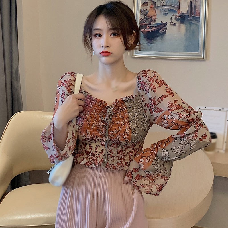 Ravido - Patchwork Long Sleeve Floral Boho Style Blouse