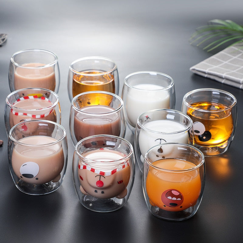 Vatery - Cute Animal Double Wall Glass Mugs