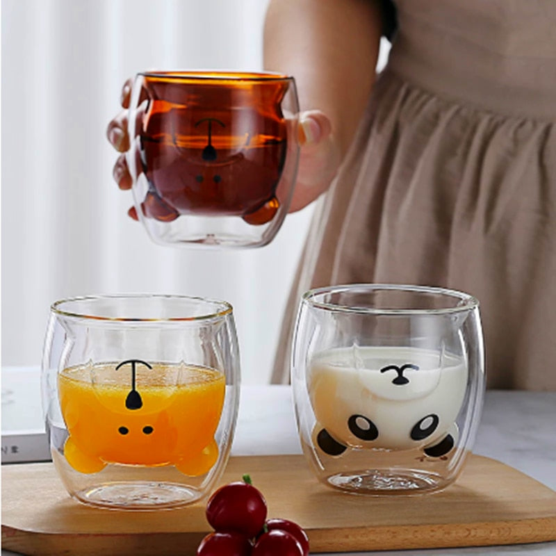 Vatery - Cute Animal Double Wall Glass Mugs