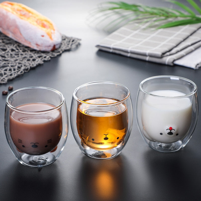 Vatery - Cute Animal Double Wall Glass Mugs