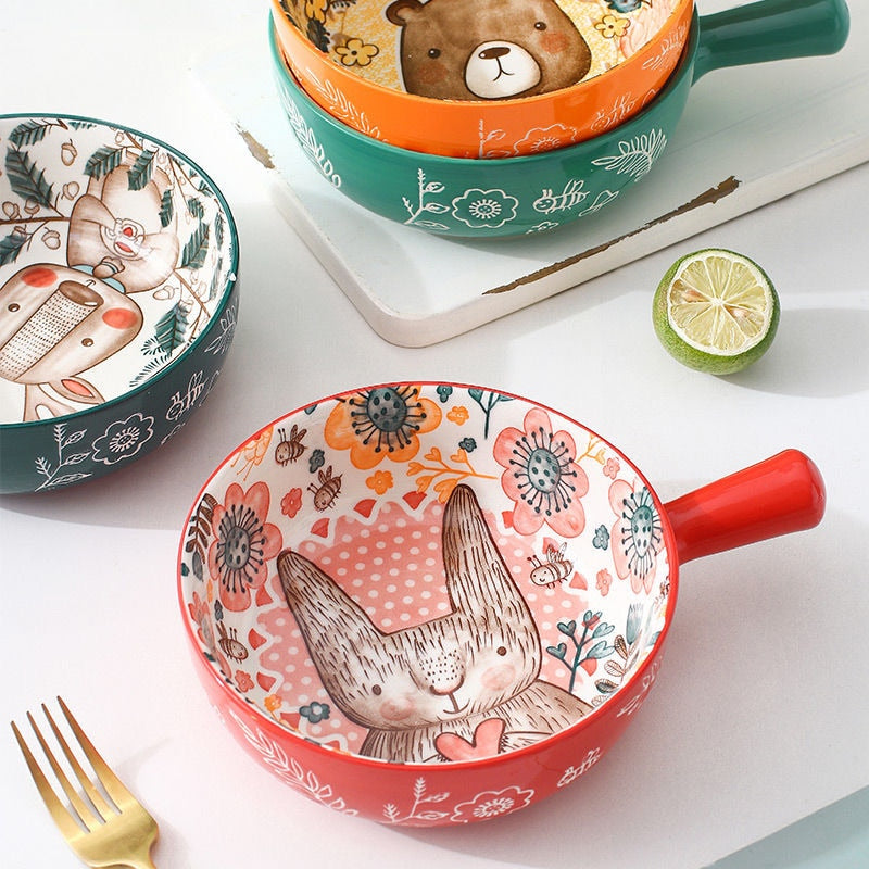 Poni - Forest Animal Design Single Handle Ceramic Noodle Bowl