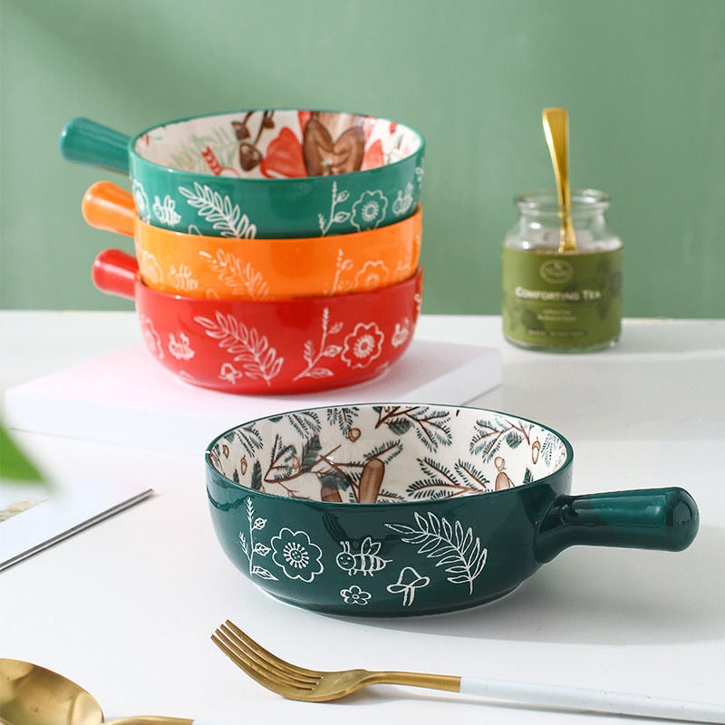 Poni - Forest Animal Design Single Handle Ceramic Noodle Bowl