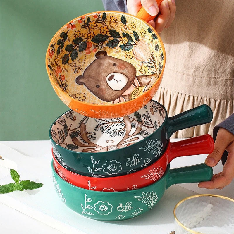 Poni - Forest Animal Design Single Handle Ceramic Noodle Bowl