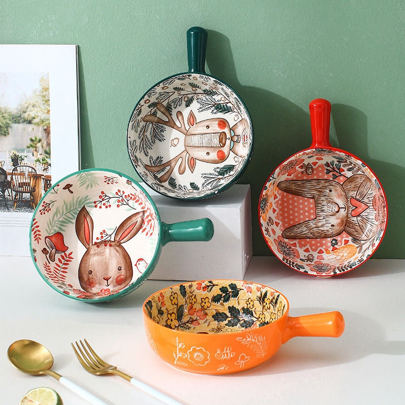 Poni - Forest Animal Design Single Handle Ceramic Noodle Bowl