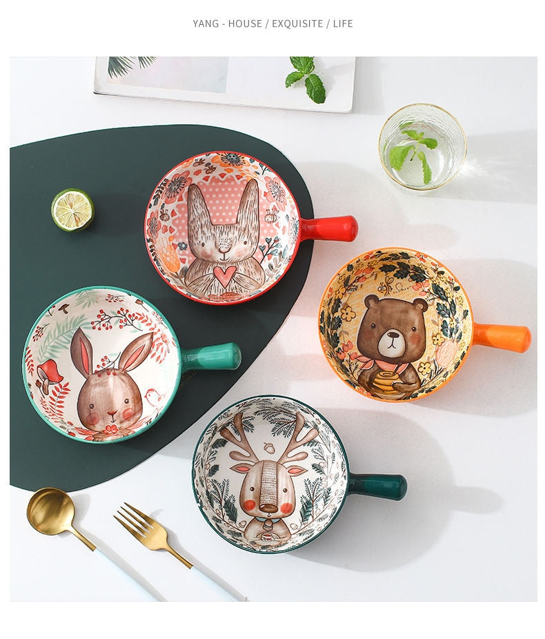 Poni - Forest Animal Design Single Handle Ceramic Noodle Bowl