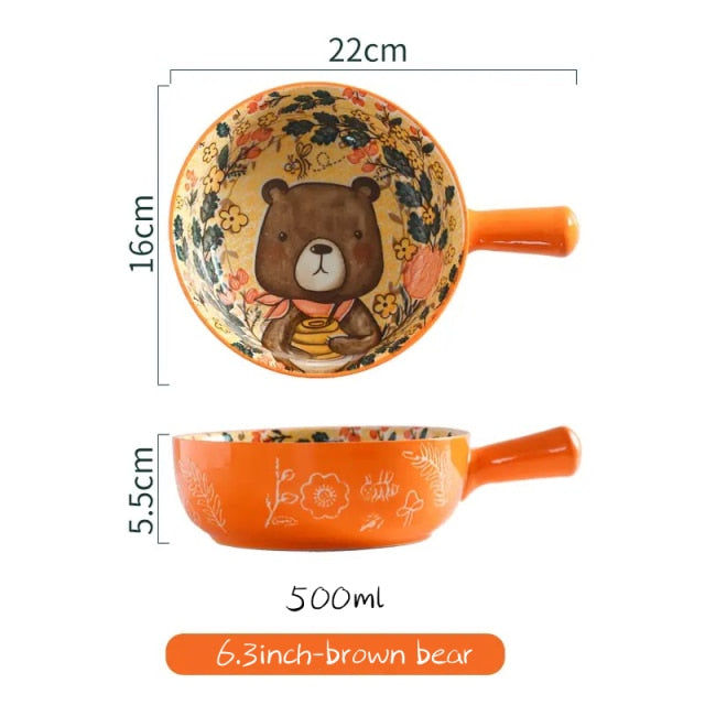 Poni - Forest Animal Design Single Handle Ceramic Noodle Bowl