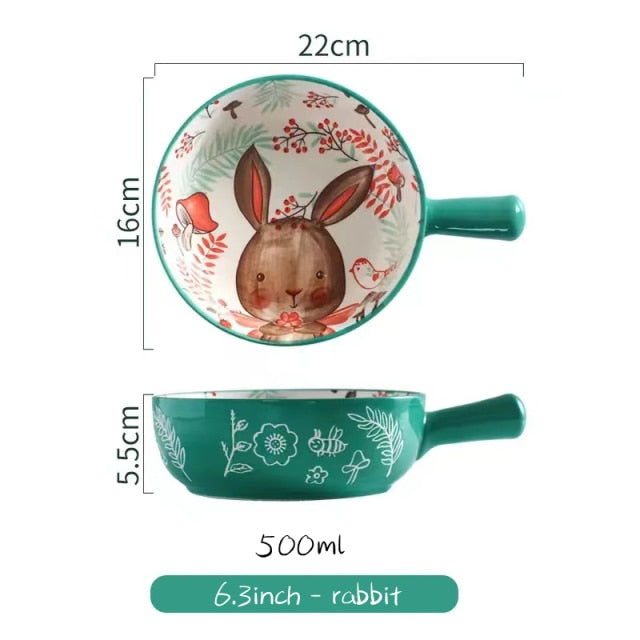 Poni - Forest Animal Design Single Handle Ceramic Noodle Bowl