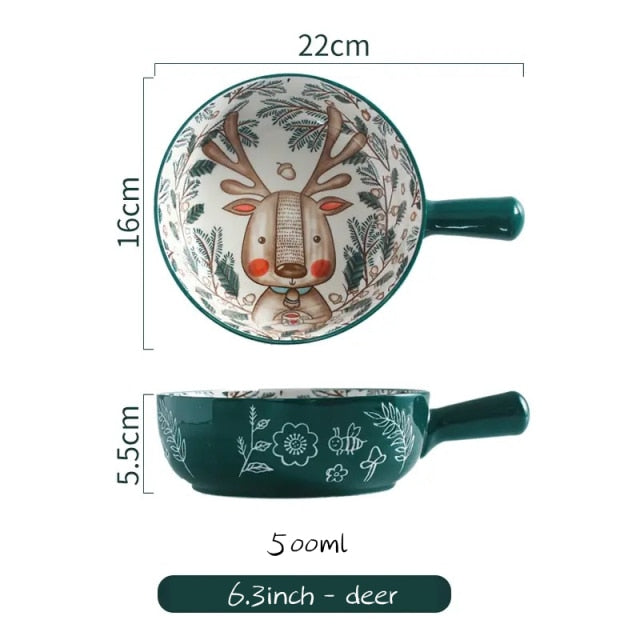 Poni - Forest Animal Design Single Handle Ceramic Noodle Bowl