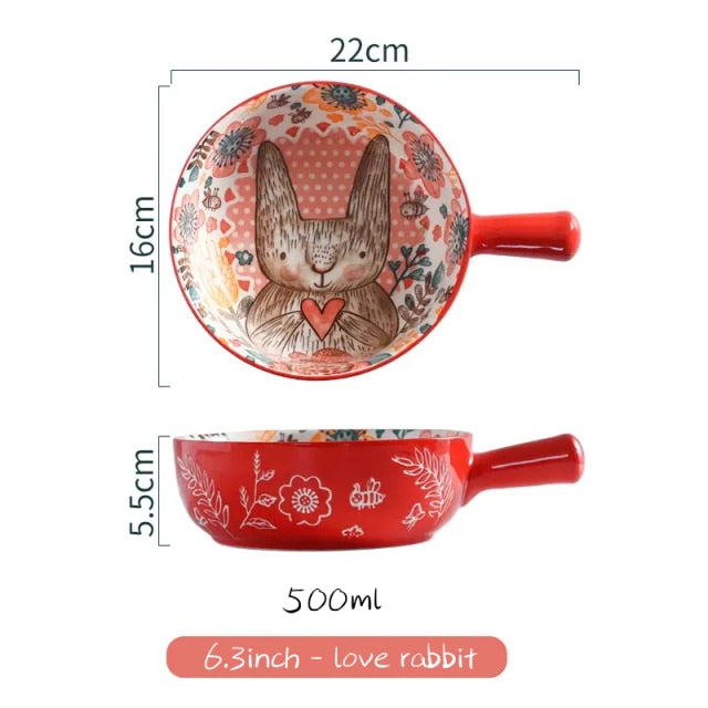 Poni - Forest Animal Design Single Handle Ceramic Noodle Bowl