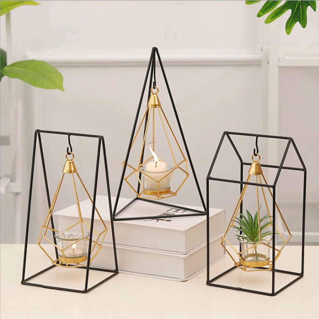 Versa - Scandinavian Black & Gold Wire Candle Holder