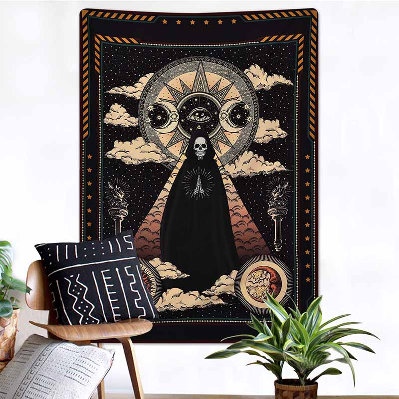 Skulldo - All-Seeing Sun Moon Eye & Cloaked Skeleton Tapestry