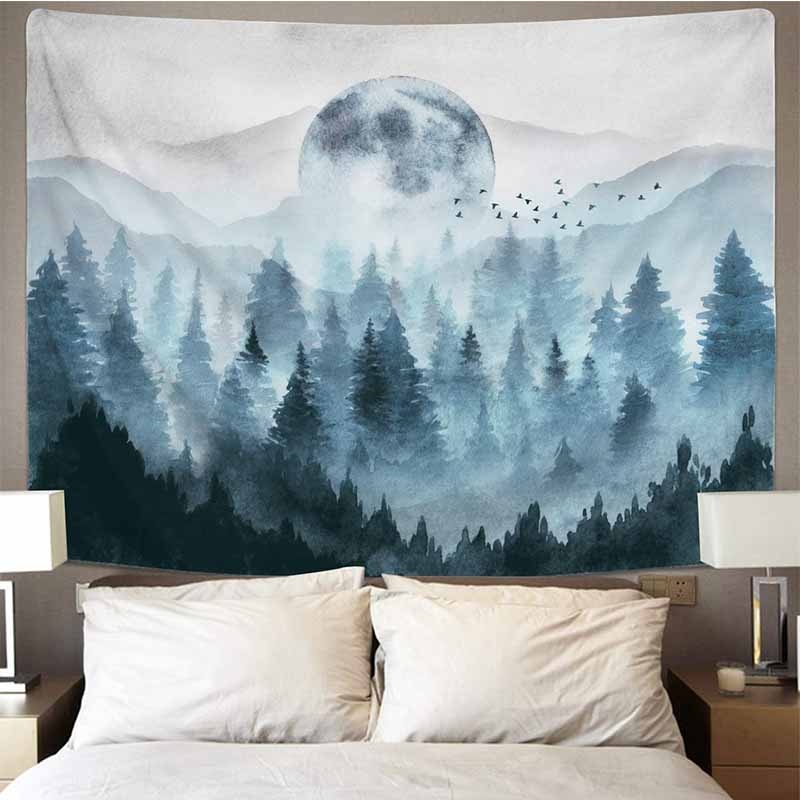 Fogis - Tranquil Foggy Mountain Full Moon Forest Tapestry