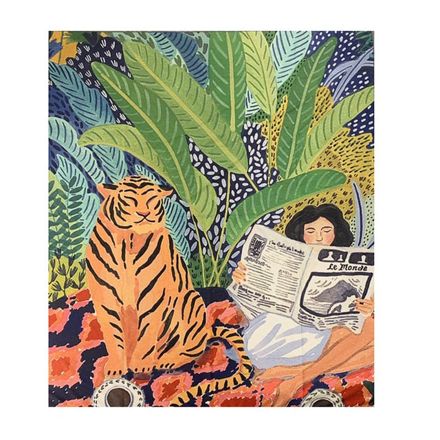 Junglo - The Girl, the Tiger & the Jungle Decorative Tapestry