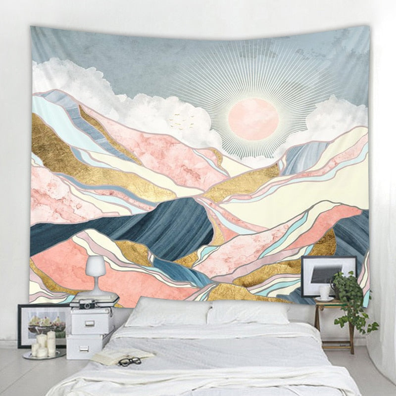 Sunrize - Fantasy Watercolor Sun in the Mountains Tapestry