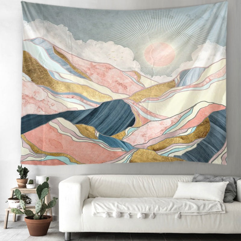 Sunrize - Fantasy Watercolor Sun in the Mountains Tapestry