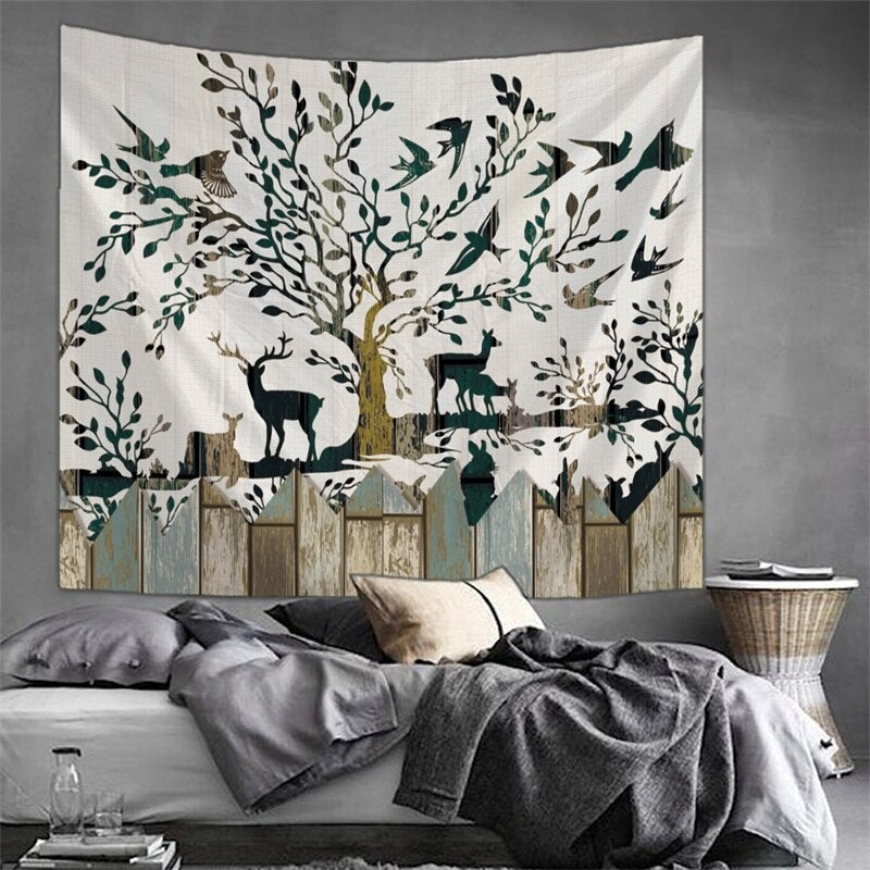 Deer - Watercolor Deer, Birds & Tree Backyard Tapestry