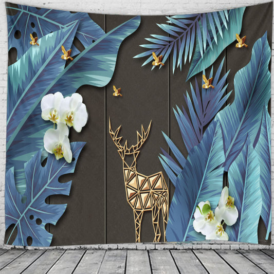 Deerya - 3D Luxe Deer & Blue Feather White Hibiscus Tapestry