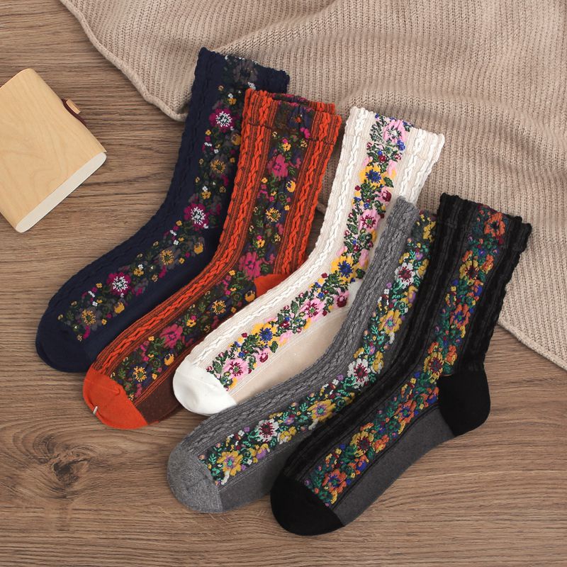 Saloca -5Pairs/Pack Vintage Flower Cotton Socks