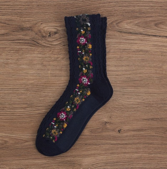 Saloca -5Pairs/Pack Vintage Flower Cotton Socks
