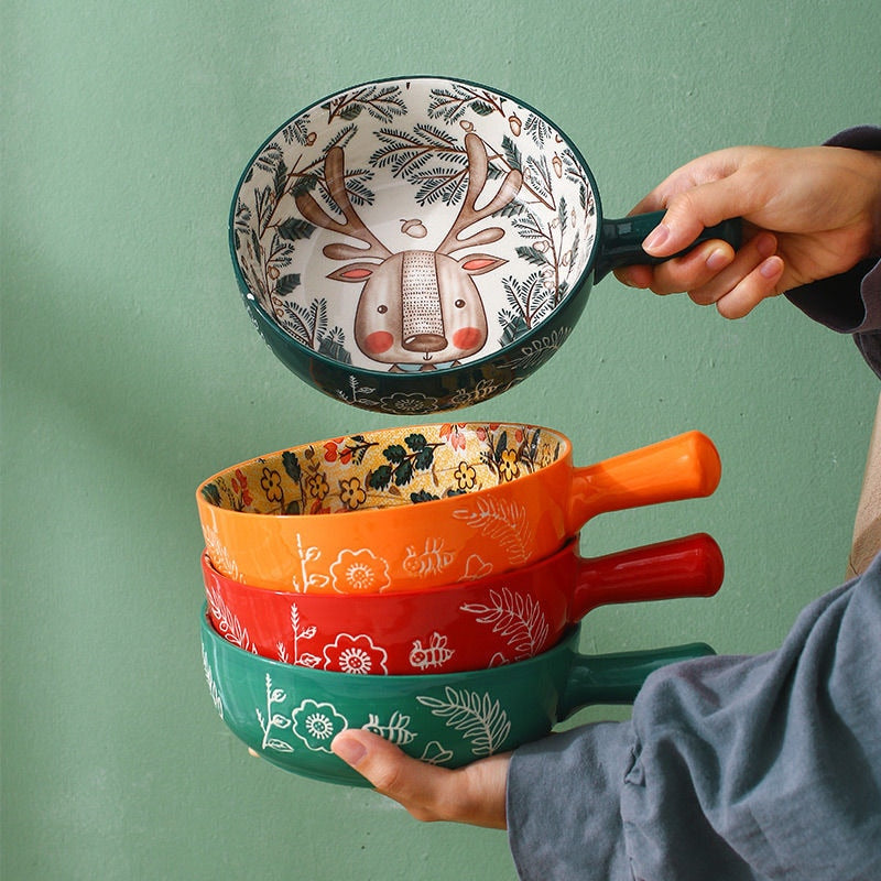 Poni - Forest Animal Design Single Handle Ceramic Noodle Bowl