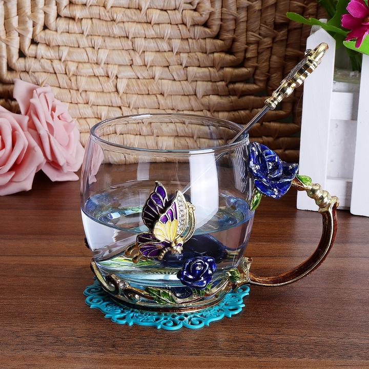 Fedina - Gold Flower Colored Glass Coffee & Tea Mugs